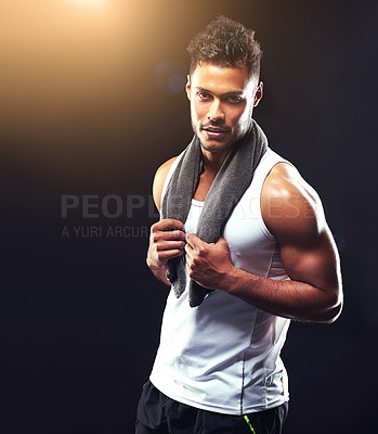 Buy stock photo Fitness, portrait and man in studio with mockup, confidence and workout routine in health, wellness and power. Towel, pride and strong athlete on black background for exercise, results and self care