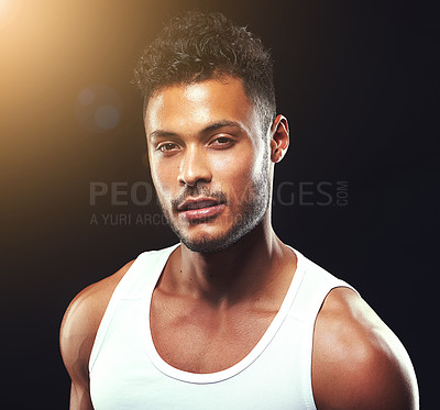 Buy stock photo Fitness, sports and portrait of man on black background for exercise, training and intense workout. Bodybuilder, athlete and face of serious person for performance, wellness and health in studio