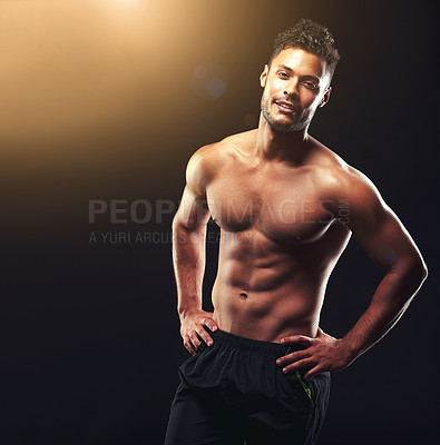 Buy stock photo Fitness, portrait and man in studio with mockup, confidence and workout routine in health, wellness and power. Flare, pride and strong bodybuilder on black background for exercise, results and muscle