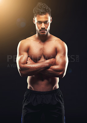 Buy stock photo Fitness, portrait and man in studio with serious muscle, confidence and workout in health, wellness and power. Flexing, pride and strong bodybuilder on black background for exercise, body and care