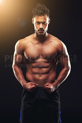 Buy stock photo Fitness, portrait and man with muscle flex, confidence and workout routine in health, wellness and power. Serious, pride and strong bodybuilder on black background for exercise, results and studio