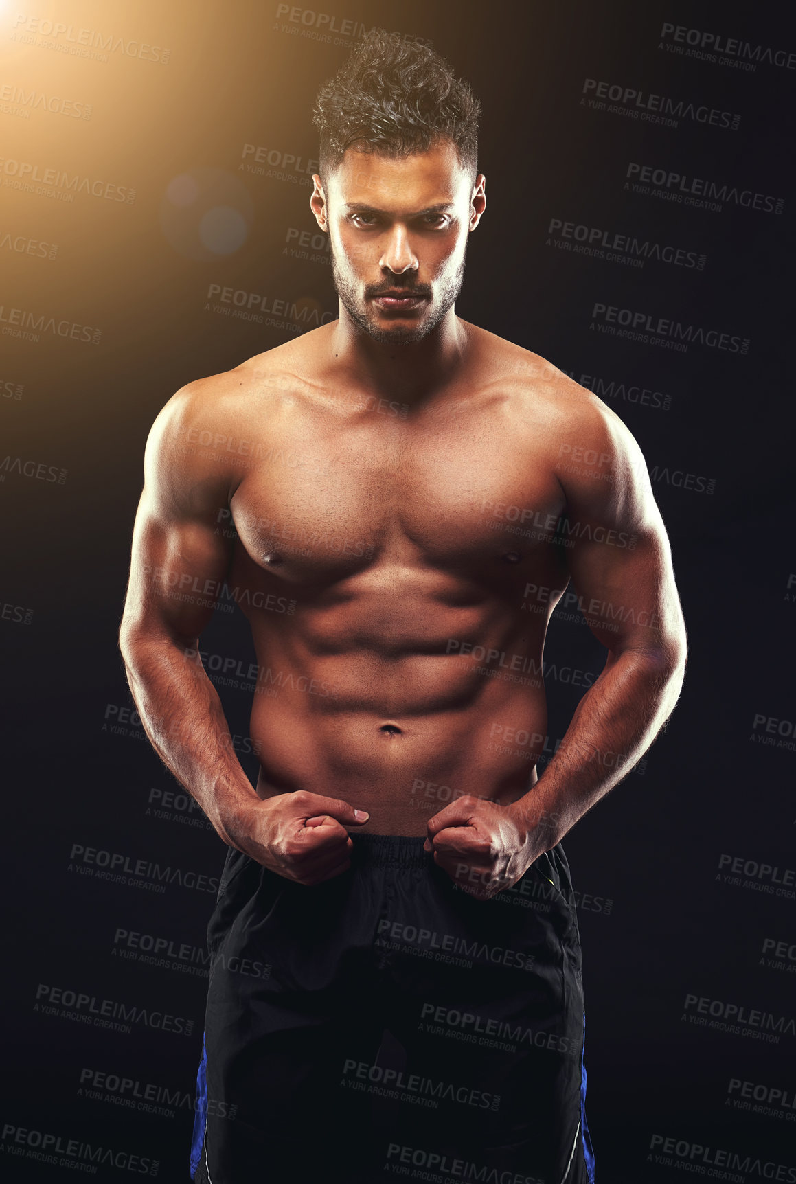 Buy stock photo Fitness, portrait and man with muscle flex, confidence and workout routine in health, wellness and power. Serious, pride and strong bodybuilder on black background for exercise, results and studio