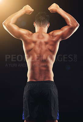 Buy stock photo Fitness, back and man in studio with muscle, flex and workout routine for health, wellness and power. Strong, ripped athlete or bodybuilder on black background for exercise, results and muscular body