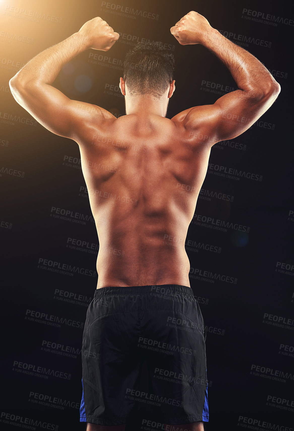 Buy stock photo Fitness, back and man in studio with muscle, flex and workout routine for health, wellness and power. Strong, ripped athlete or bodybuilder on black background for exercise, results and muscular body