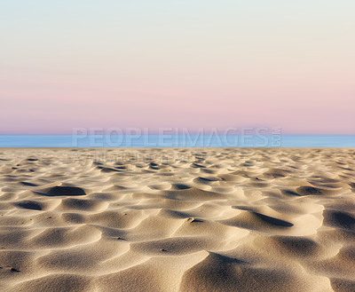 Buy stock photo Copyspace with landscape of sand on beach shore and twilight sky on the coast of Jutland in Loekken, Denmark. Sandy surface texture in empty desert. Peaceful nature scenery for travel and tourism