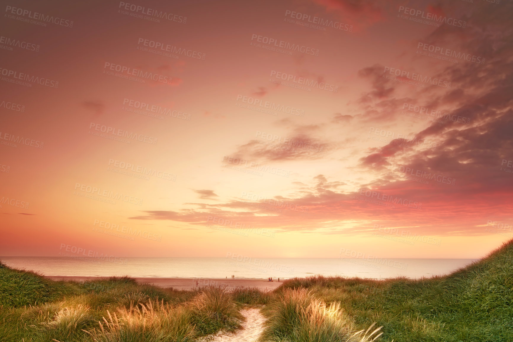 Buy stock photo Copyspace of a golden sunset on the west coast of Sweden. Sun setting on the horizon on an empty beach over the ocean and sea with copy space. Sunrise in the morning. Orange sky at the seaside