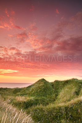 Buy stock photo Sunset on the west coast of Jutland - Lokken Beach, Denmark. Beautiful landscape with lush grass waving in the wind during sunset or over a ocean with red, orange, blue, and yellow colors in the sky 