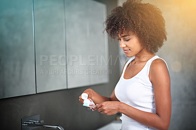 Buy stock photo Black woman, toothpaste and toothbrush for teeth whitening  in bathroom, dental health and self care for fresh breathe. Orthodontics, oral hygiene and morning routine with habit for grooming at home