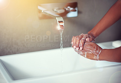 Buy stock photo Washing hands, bathroom and person with water in home with soap for hygiene, bacteria or germs in morning. Faucet, sink or basin with foam, liquid or splash for cleaning, virus or wellness in house