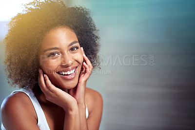 Buy stock photo Natural, beauty and portrait of black woman with skincare in morning with glow on skin from dermatology. African, girl and happiness with makeup from cosmetics or hair care for curly hairstyle mockup