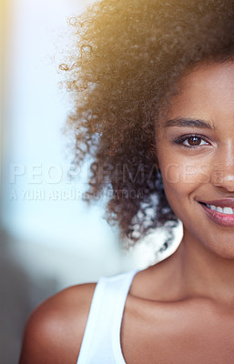 Buy stock photo Cropped portrait of a young woman in the bathroom