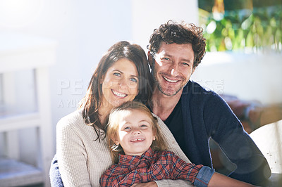 Buy stock photo Happy family in portrait, mother or father with child in backyard, relax or love and care in outdoor garden. People in nature with smile and woman, man with girl kid in quality time together in yard