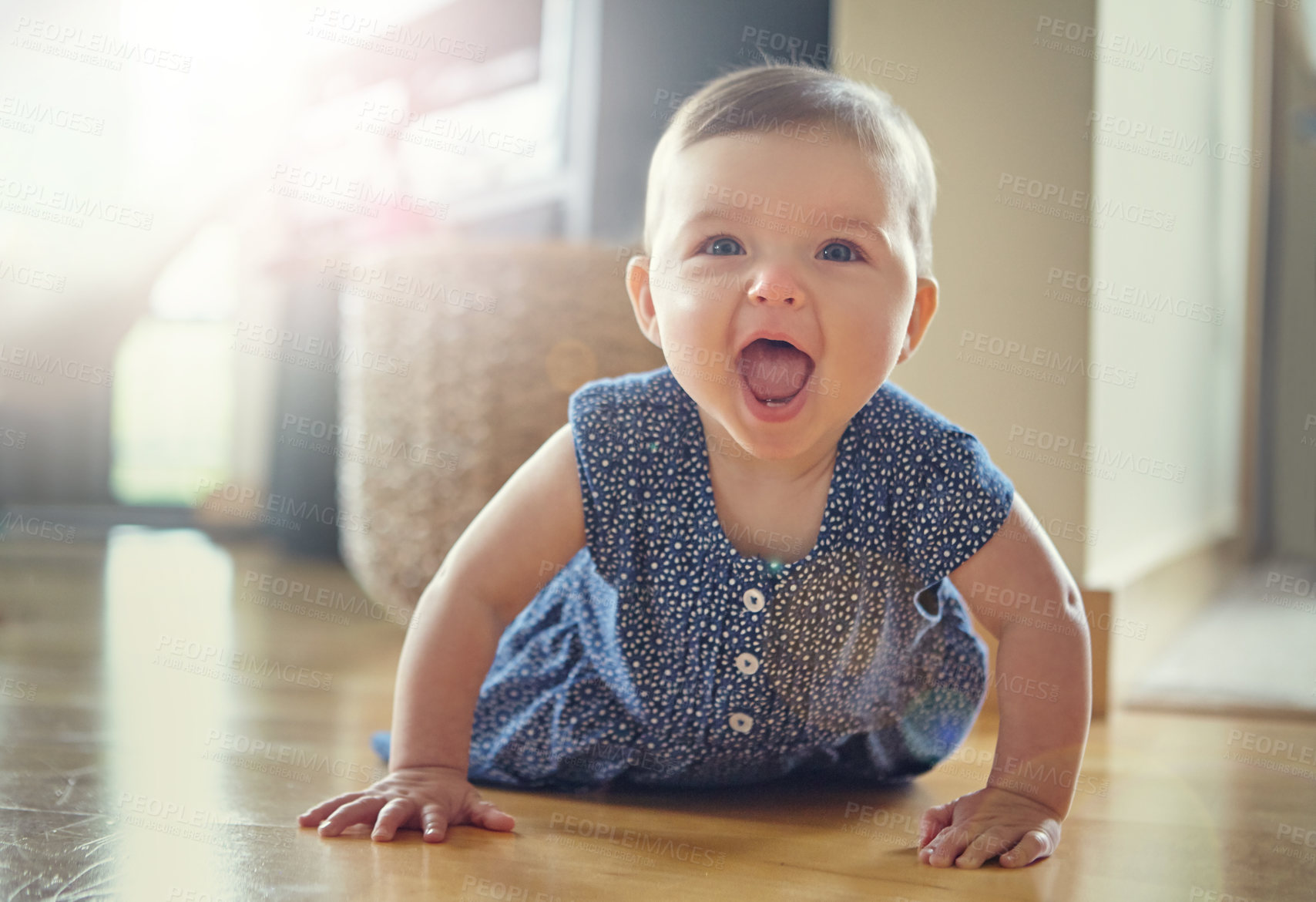 Buy stock photo Baby on floor, happy in portrait with development and growth, early childhood and happiness at family home. Girl kid, young and learning with crawling and child care in living room with health