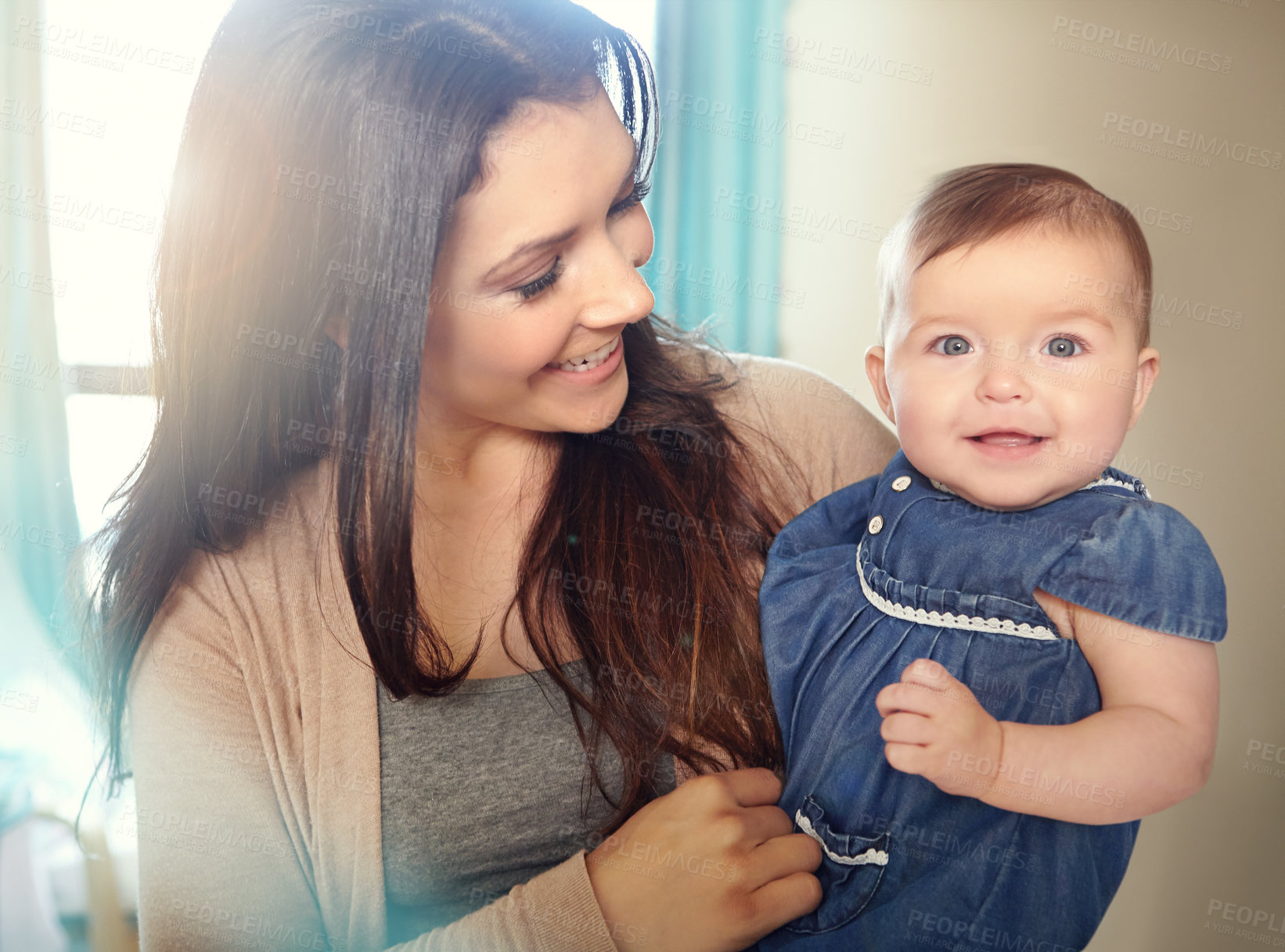 Buy stock photo Mother, bonding or baby girl portrait in house living room or family home bedroom in support trust, security or love carrying. Smile, infant or happy mom holding child in comfort for profile picture