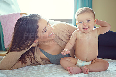 Buy stock photo Mom, baby girl or bonding in bedroom of house or family home in support trust, love and security in diapers. Smile, child or happy mother in infant healthcare wellness, changing clothes or after bath