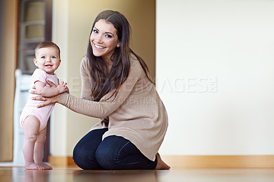 Buy stock photo Mother, family and baby for learning to walk for development  and growth with help and support. Portrait of woman and child in house to play with love, security and care with a smile while walking