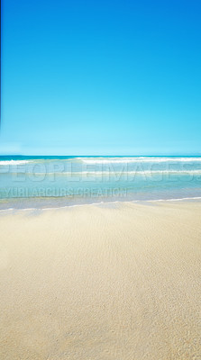 Buy stock photo Ocean waves and beach shore with blue sky background and copyspace on the west coast of Jutland in Loekken, Denmark. Tropical destination with scenic views to enjoy relaxing and serene summer vacation