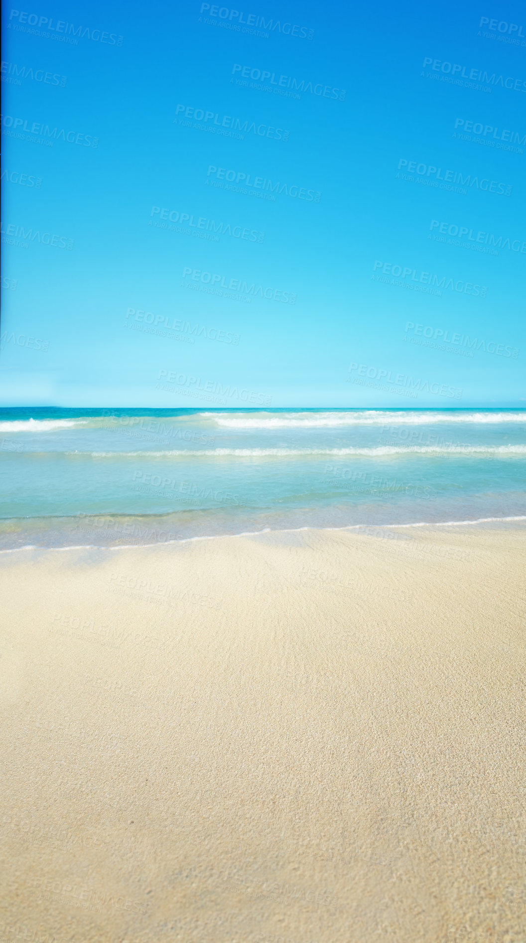 Buy stock photo Ocean waves and beach shore with blue sky background and copyspace on the west coast of Jutland in Loekken, Denmark. Tropical destination with scenic views to enjoy relaxing and serene summer vacation