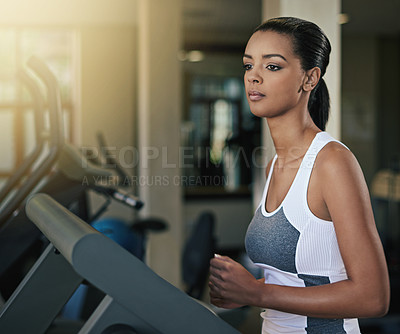 Buy stock photo Black woman, gym and treadmill for workout with thinking to exercise and fitness routine for health. Female person, thoughts and contemplation with commitment for wellness, wellbeing and self care