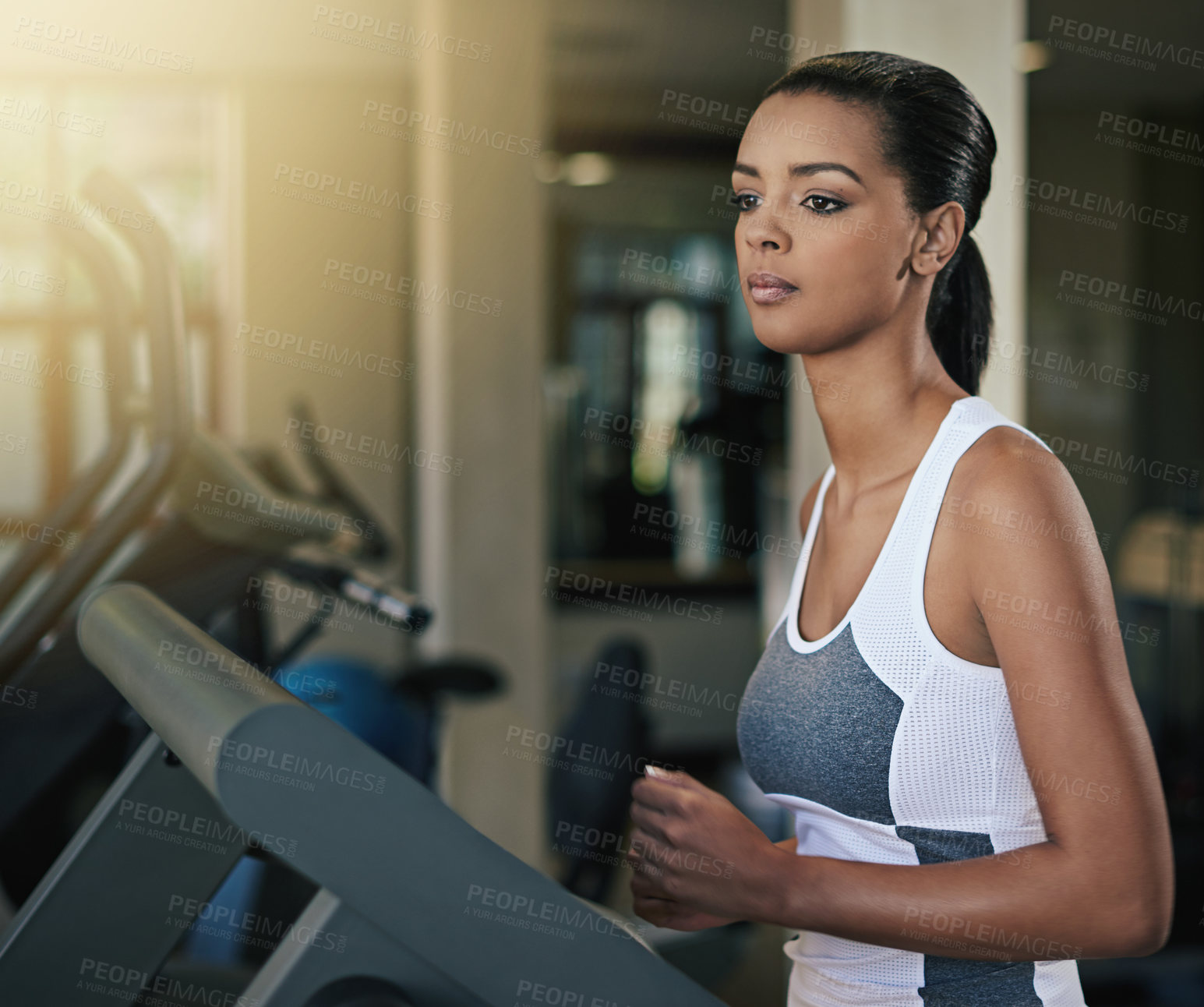 Buy stock photo Black woman, gym and treadmill for workout with thinking to exercise and fitness routine for health. Female person, thoughts and contemplation with commitment for wellness, wellbeing and self care