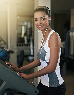 Buy stock photo Black woman, gym and happy in treadmill for workout for exercise and fitness routine for health. Portrait, female person and smile with training or commitment for wellness, wellbeing and self care