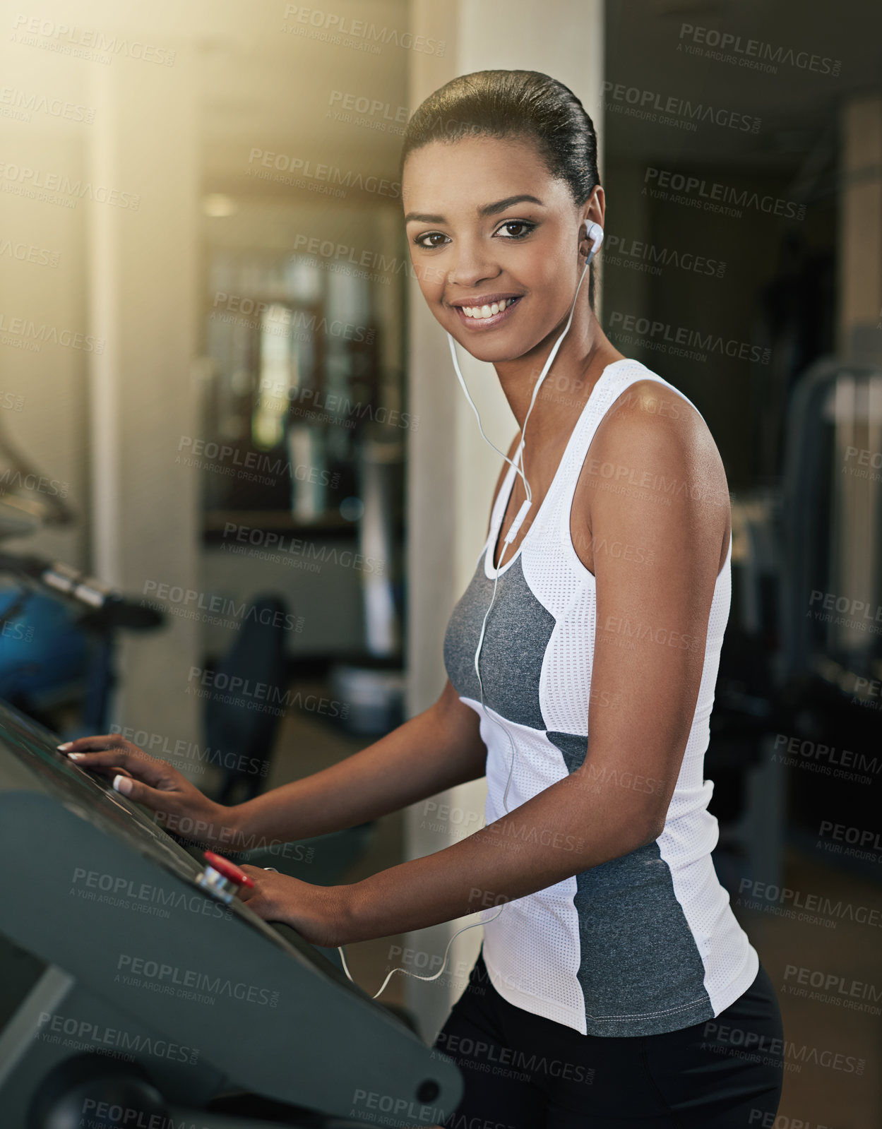 Buy stock photo Black woman, gym and happy in treadmill for workout for exercise and fitness routine for health. Portrait, female person and smile with training or commitment for wellness, wellbeing and self care
