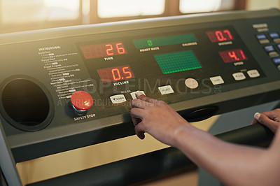 Buy stock photo Hand, treadmill and button with machine, training or gym equipment for workout with speed. Person, interface and cardio for health, wellness or weight loss with fitness or sport activity for exercise