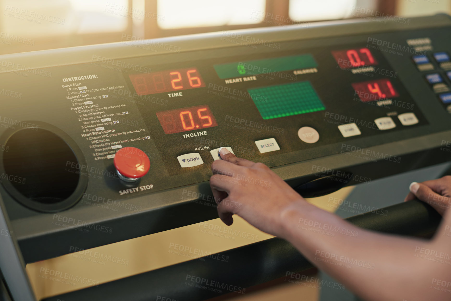 Buy stock photo Hand, treadmill and button with machine, training or gym equipment for workout with speed. Person, interface and cardio for health, wellness or weight loss with fitness or sport activity for exercise