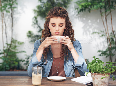 Buy stock photo Female person, thinking and coffee at cafe in outdoor, fashion and day dream with cup and doubt. Woman, bistro and relaxation with cappuccino, journalist and contemplate at breakfast or lunch  