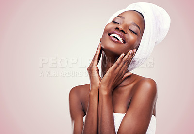 Buy stock photo Black woman, skin care and happy for beauty, studio and wellness in fresh look with smile and face touch. African female person, cosmetic, and aloe vera for anti age, nude and natural confidence