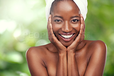 Buy stock photo Hair towel, portrait or black woman in studio for skincare, wellness or dermatology results on green background. Beauty, cleaning and face of African lady model with cosmetic, pamper or spa aesthetic