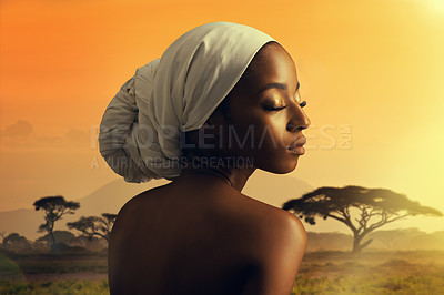 Buy stock photo Beauty, culture and natural black woman in Africa at sunset with turban for cosmetics or wellness. Skincare, heritage and tradition with confident young model outdoor in nature for dermatology