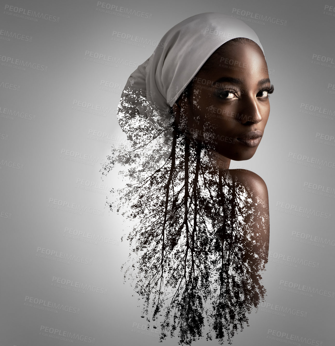 Buy stock photo Natural, beauty and portrait of black woman in studio for double exposure, mockup and cosmetics. Abstract, art and overlay with face of female model isolated on gray background for nature and trees