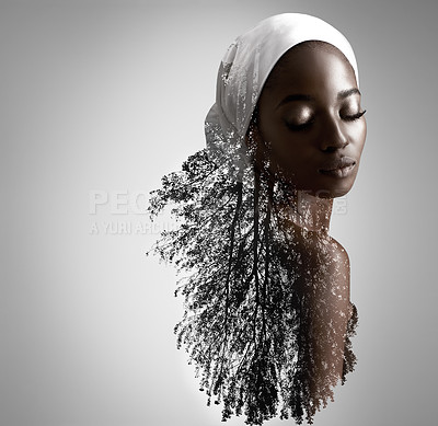 Buy stock photo Composite image of nature superimposed on a young woman