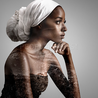 Buy stock photo Thinking, beauty and double exposure with black woman in studio for profile, mockup and cosmetics. Abstract, art and overlay with face of female model isolated on gray background for nature and trees