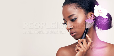 Buy stock photo Beauty, makeup and mockup, black woman with brush on face in studio, cosmetic application and space for tips. Skincare, blush and cosmetics, skin care model with luxury banner on white background.