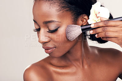 Buy stock photo Brush, elegant makeup and face of black woman with mockup in studio with cosmetic application tool. Skincare, blush and cosmetics, beauty model with luxury contour powder on cheek on white background