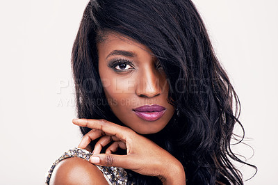 Buy stock photo Beauty, portrait and woman in studio for makeup, glamour and cosmetics against white background. Face, glowing skin and beautiful female african model posing with cosmetic satisfaction and confidence