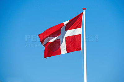 Buy stock photo Denmark, flag and wind on sky background for pride, honor and protocol at kingdom. Symbol, nationalism and international identification in Scandinavia with royalty, representation and mockup space