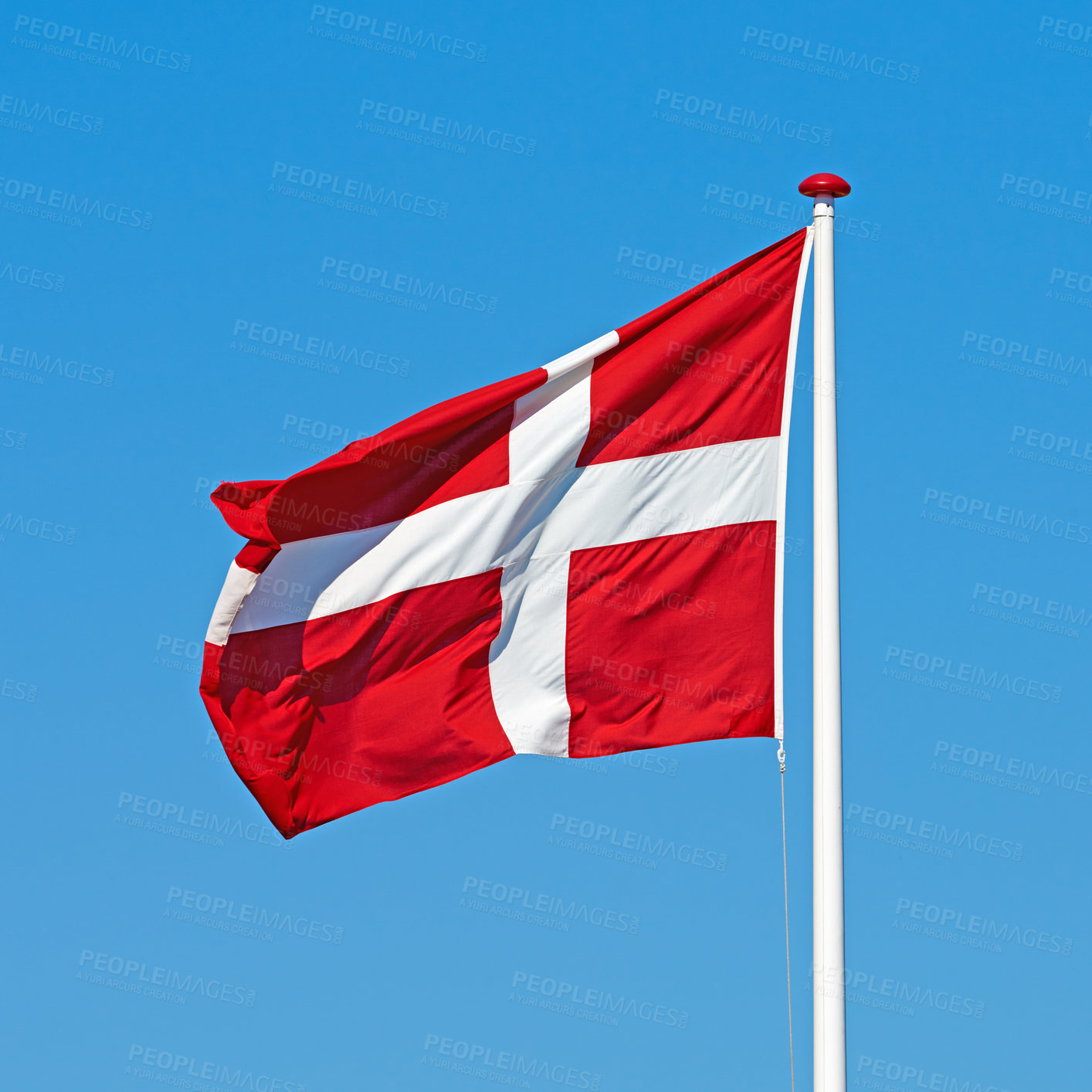 Buy stock photo Denmark, flag and wind on sky background in summer, pride and protocol at kingdom. Symbol, nationalism and international identification in Scandinavia with royalty, representation and mockup space