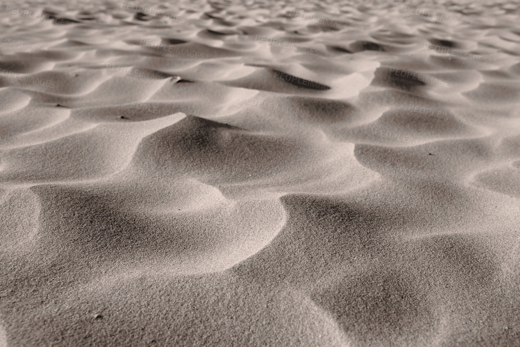 Buy stock photo Dry, texture and monochrome of sand on beach, material and dimension with decorative lines. Pattern, closeup and space with tropical for walkway surface, abstract and wave of desert outdoor on ground