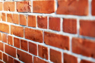 Buy stock photo Building, red and closeup of brick wall in city for texture, background and pattern of exterior structure. Architecture, construction and surface of material, concrete and cement for decoration