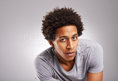 Buy stock photo Portrait, black man or glow of grooming, hair care or skincare as facial, wellness or dermatology. Afro, male person or confident of styling, cosmetology or satisfaction on mock up grey background