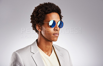 Buy stock photo Man, eyewear and fashion in studio for stylish, accessory and confident isolated on white background. Glasses, trendy and male model for contemporary, person and casual business apparel for mockup
