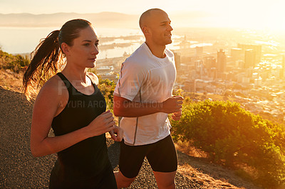 Buy stock photo Sunrise, training and running couple as workout or morning exercise for health and wellness together. Sport, athlete and woman runner run with man as fitness in a city for sports or energy