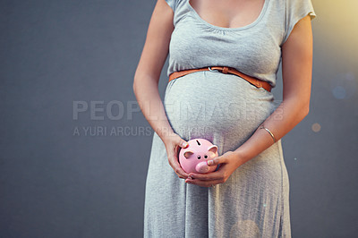 Buy stock photo Pregnant woman, piggy bank and savings for newborn, baby and family investment or money, budget and planning for future finance. Pregnancy, mother and investing cash on studio gray background 