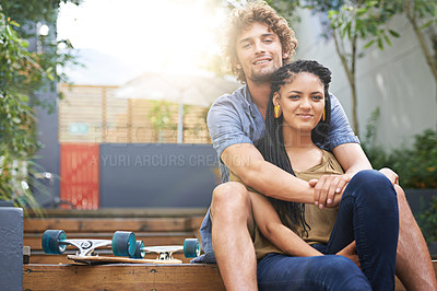 Buy stock photo Diverse couple, outdoor and smile for skateboard, park and date together in summer for boyfriend and girlfriend. Multiracial, male and female for nature, happy and love for outside of city life