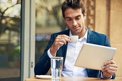 Buy stock photo Businessman, tablet and coffee at cafe for online research or communication, internet or social media. Male person, espresso and reading at city restaurant in Italy for work trip, networking or email