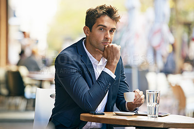Buy stock photo Business, man and portrait outdoor at cafe or entrepreneur relax and thinking at table with espresso. Professional, customer or person planning schedule at coffee shop with latte to drink in morning