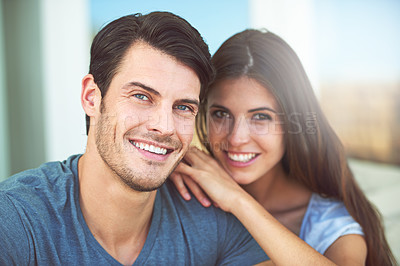 Buy stock photo Happy, love and portrait of couple on sofa relaxing and bonding together in living room at home. Smile, romance and young man and woman with positive attitude resting in lounge at apartment.